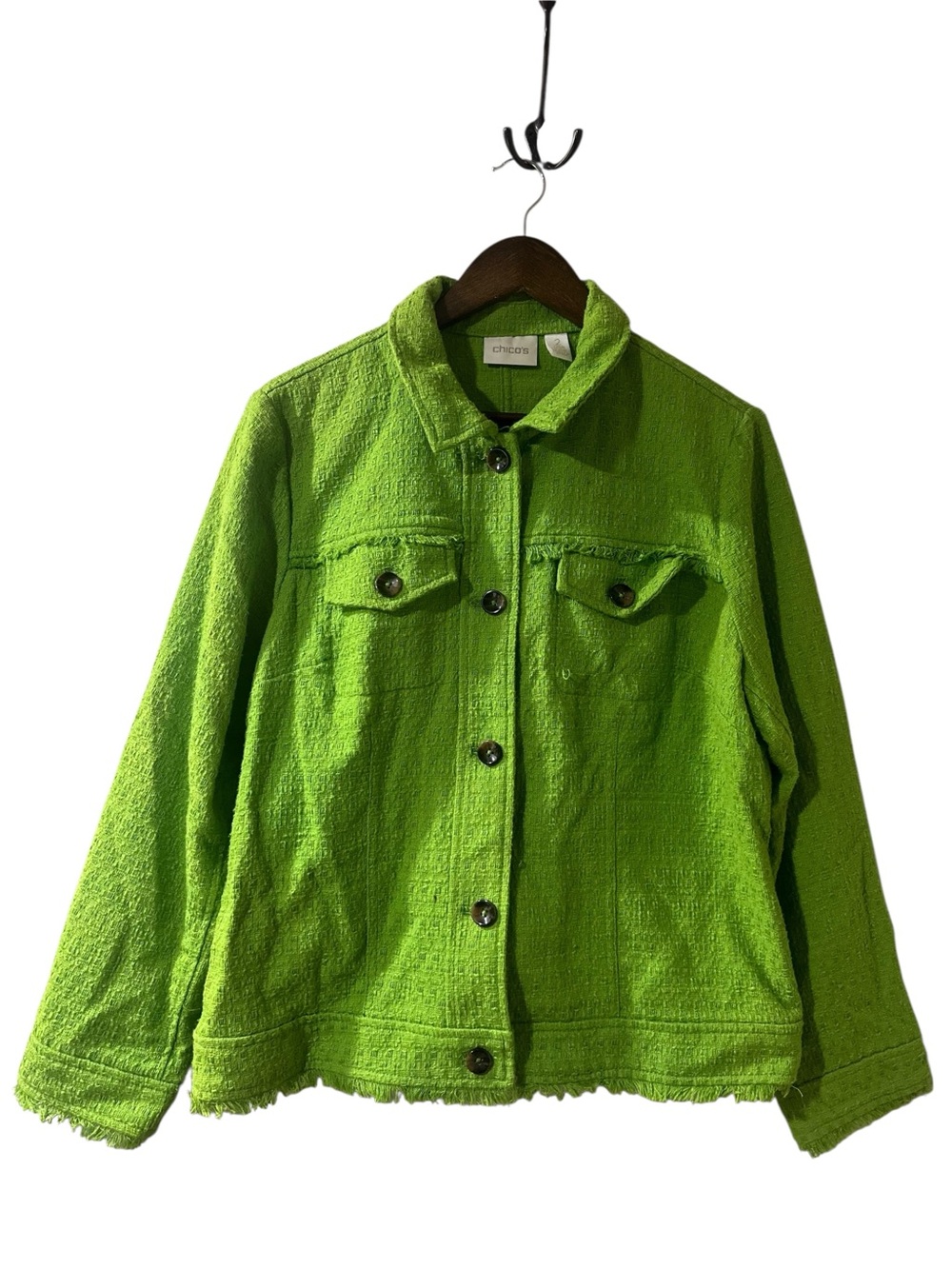 Chico's green tweed textured button pocket preppy blazer fringe jacket, Sz 2